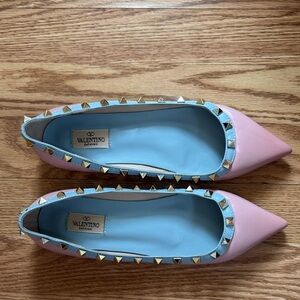 Valentino Pink Leather Pointed Flats with Gold Rockstud Trim